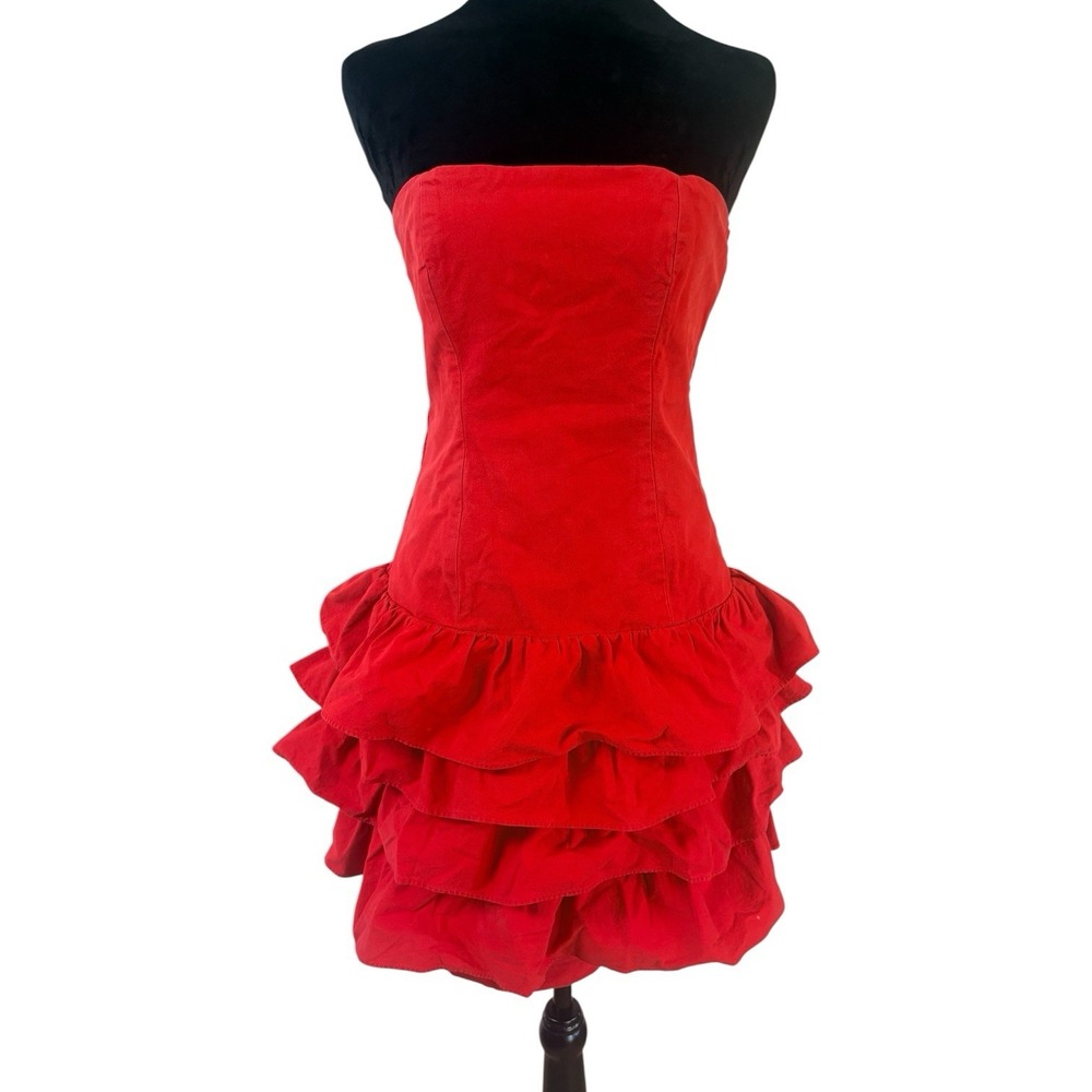 Vintage Y2K Red Strapless Tiered Ruffle Mini Dress Womens Size 9